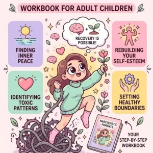 Digital product cover for a guide titled "Narcissistic Parents & How They Impact Your Adult Life," featuring a conceptual illustration of a woman healing from trauma and breaking free from emotional shadows.