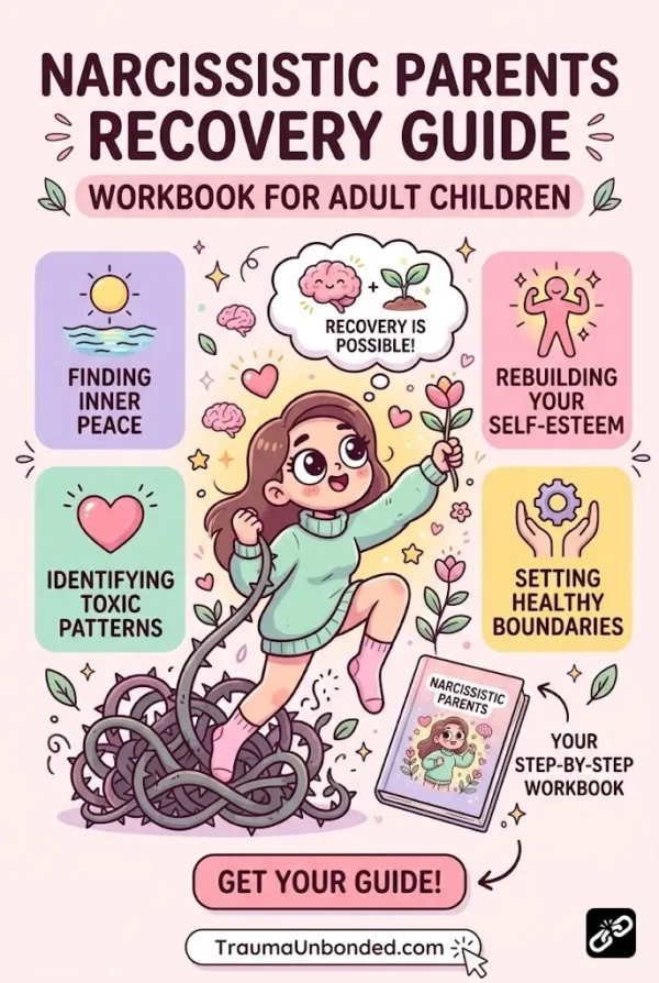 Digital product cover for a guide titled "Narcissistic Parents & How They Impact Your Adult Life," featuring a conceptual illustration of a woman healing from trauma and breaking free from emotional shadows.
