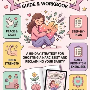 Infographic cover photo for 'The Radical No-Contact Guide & Workbook', a digital product in a 2:3 aspect ratio. The design features a warm, pastel kawaii aesthetic with shades of pink, lavender, mint, and yellow. At the top, a banner reads 'THE RADICAL NO-CONTACT GUIDE & WORKBOOK'. The central illustration shows a relatable cartoon woman warmly hugging a healing heart that is breaking free from chains. The subtitle reads 'A 90-DAY STRATEGY FOR GHOSTING A NARCISSIST AND RECLAIMING YOUR SANITY'. Surrounding the center are structured information blocks with icons for 'Peace & Calm', 'Inner Strength', 'Healing Journey', 'Step-by-Plan', 'Daily Prompts & Exercises', and 'Building Healthy Boundaries'. At the bottom, an open printed workbook and a digital tablet display the guide, above a call-to-action bar that reads 'TraumaUnbonded.com' with a mouse click icon.
