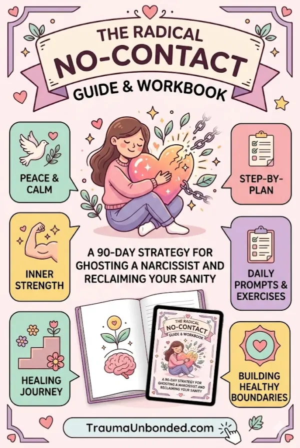 Infographic cover photo for 'The Radical No-Contact Guide & Workbook', a digital product in a 2:3 aspect ratio. The design features a warm, pastel kawaii aesthetic with shades of pink, lavender, mint, and yellow. At the top, a banner reads 'THE RADICAL NO-CONTACT GUIDE & WORKBOOK'. The central illustration shows a relatable cartoon woman warmly hugging a healing heart that is breaking free from chains. The subtitle reads 'A 90-DAY STRATEGY FOR GHOSTING A NARCISSIST AND RECLAIMING YOUR SANITY'. Surrounding the center are structured information blocks with icons for 'Peace & Calm', 'Inner Strength', 'Healing Journey', 'Step-by-Plan', 'Daily Prompts & Exercises', and 'Building Healthy Boundaries'. At the bottom, an open printed workbook and a digital tablet display the guide, above a call-to-action bar that reads 'TraumaUnbonded.com' with a mouse click icon.