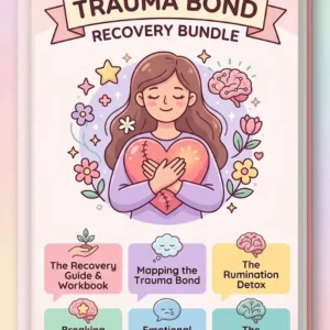 Kawaii-style product cover infographic in pastel pink, lavender, and mint colors for 'The Ultimate Trauma Bond Recovery Bundle' digital guide on TraumaUnbonded.com. The center features a warm, comforting cartoon illustration of a woman hugging a healing heart, surrounded by stars and flowers. Six structured pastel text blocks with icons display shortened titles of the complete 6-guide path: 'The Recovery Guide & Workbook', 'Mapping the Trauma Bond', 'The Rumination Detox', 'Breaking Intermittent Reinforcement', 'Emotional Withdrawal Healing', and 'The Freedom Protocol'. The website TraumaUnbonded.com is displayed at the bottom with a mouse click icon.