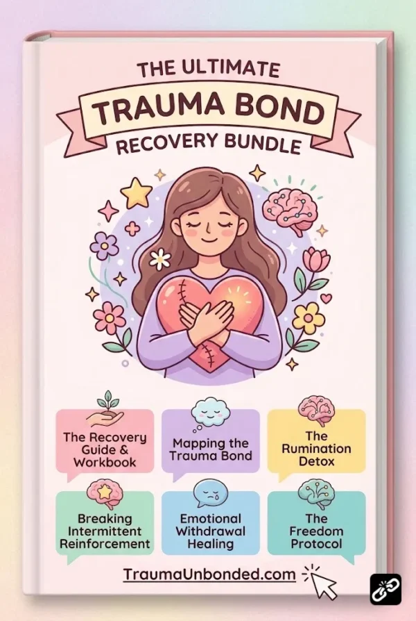 Kawaii-style product cover infographic in pastel pink, lavender, and mint colors for 'The Ultimate Trauma Bond Recovery Bundle' digital guide on TraumaUnbonded.com. The center features a warm, comforting cartoon illustration of a woman hugging a healing heart, surrounded by stars and flowers. Six structured pastel text blocks with icons display shortened titles of the complete 6-guide path: 'The Recovery Guide & Workbook', 'Mapping the Trauma Bond', 'The Rumination Detox', 'Breaking Intermittent Reinforcement', 'Emotional Withdrawal Healing', and 'The Freedom Protocol'. The website TraumaUnbonded.com is displayed at the bottom with a mouse click icon.