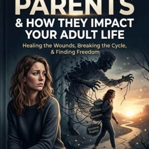 Digital product cover for a guide titled "Narcissistic Parents & How They Impact Your Adult Life," featuring a conceptual illustration of a woman healing from trauma and breaking free from emotional shadows.